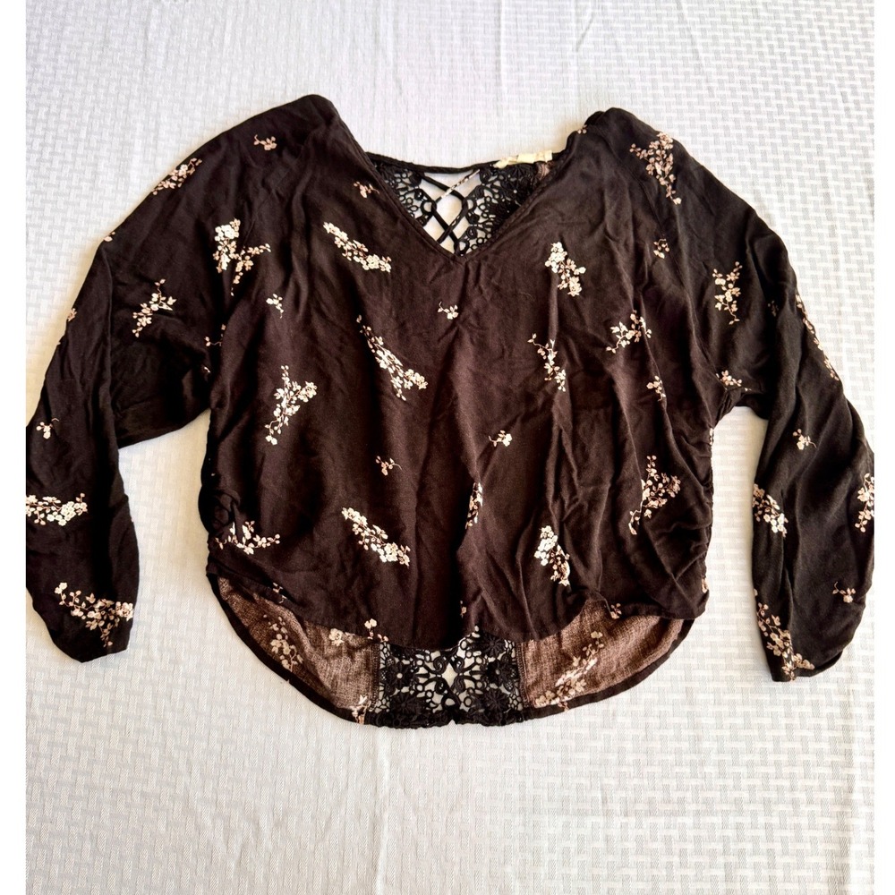 Lovestitch Floral Lace Back Blouse Brown Crochet Boho Top M I-11663W-PHB